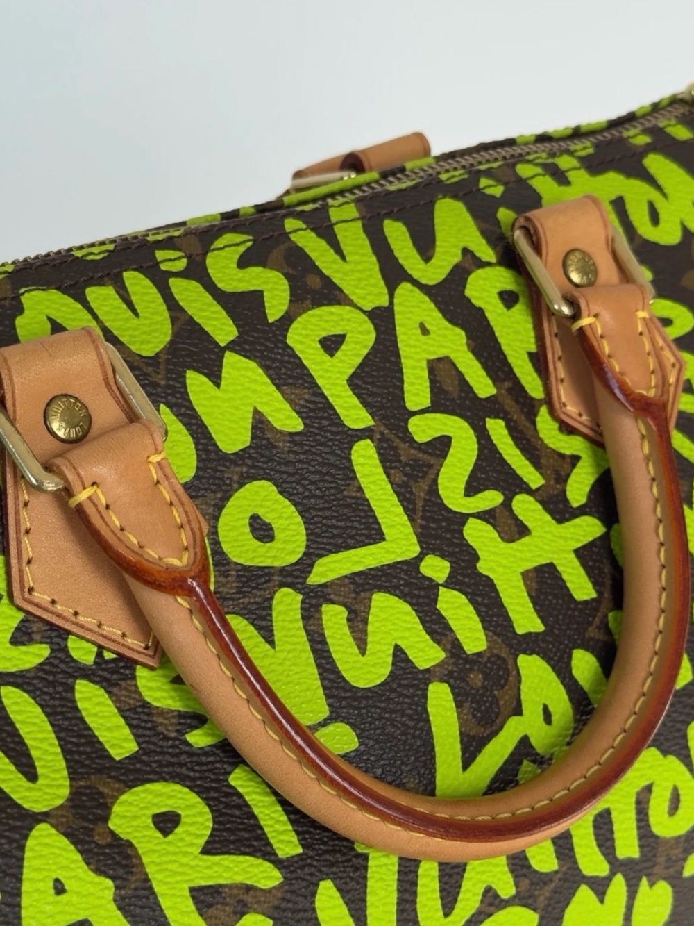 Louis Vuitton Brown Satchel with Neon Green Graffiti and Tan Handles - Picture 4 of 8